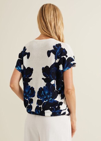 Phase Eight Mia Floral Print Linen Knitwear Navy/White Australia | XY9527104